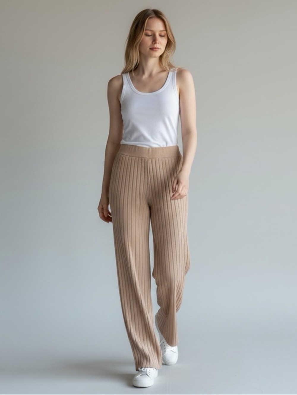 Rip Curl Ribbed Wide-Leg Knit Pants in Beige
